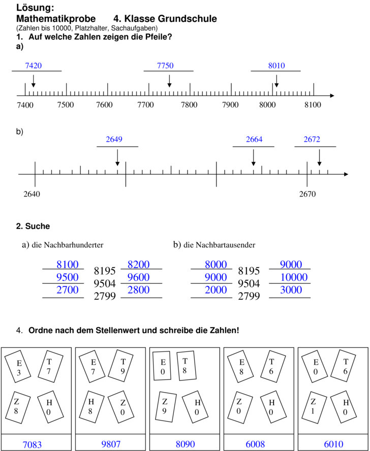 Klassenarbeit zu Zahlenraum bis 10000