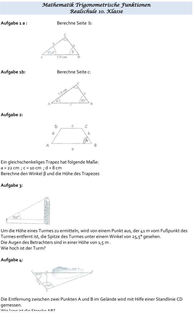 Klassenarbeit zu Trigonometrie [10. Klasse]