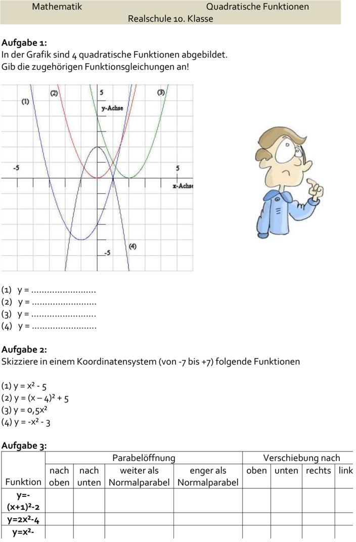 Aufgaben Quadratische Funktionen Mit Lösungen Klassenarbeit zu Quadratische Funktionen [10. Klasse]