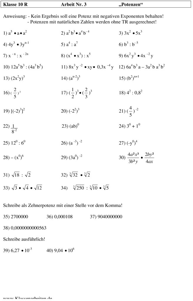 Mathe 10 Klasse Gymnasium Aufgaben Mit Lösungen Pdf Klassenarbeit zu Potenzen und Wurzeln [10. Klasse]