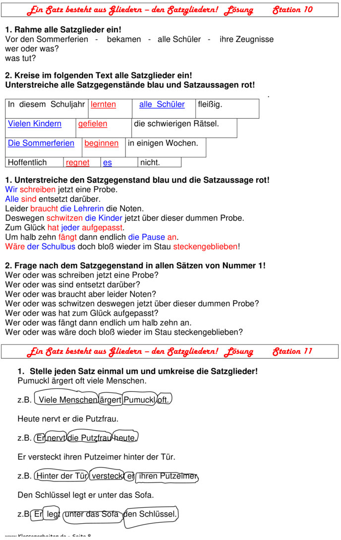 Übungsblatt zu Satzglieder [3. Klasse]