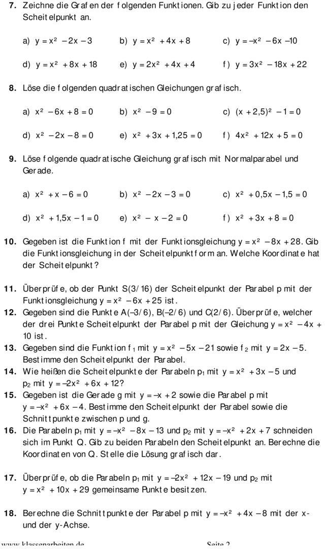 Quadratische Funktionen Textaufgaben Mit Lösungen Pdf Übungsblatt zu Quadratische Funktionen [10. Klasse]