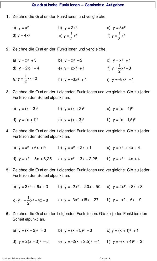 Übungsblatt zu Quadratische Funktionen [10. Klasse]