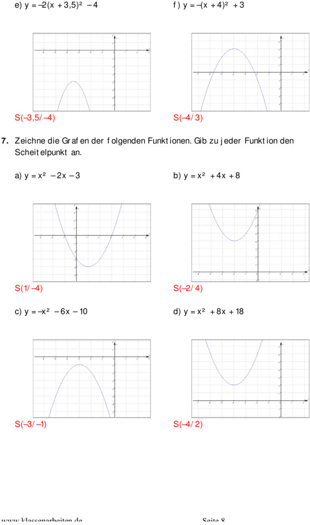 Übungsblatt zu Quadratische Funktionen [10. Klasse]
