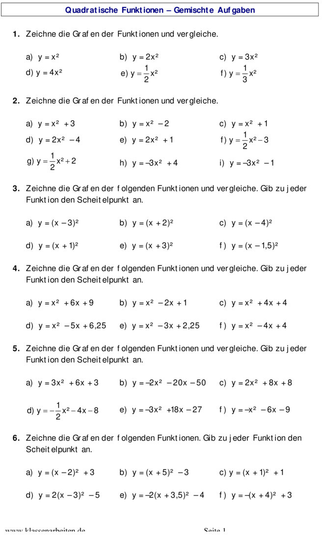 Übungsblatt zu Quadratische Funktionen 10. Klasse
