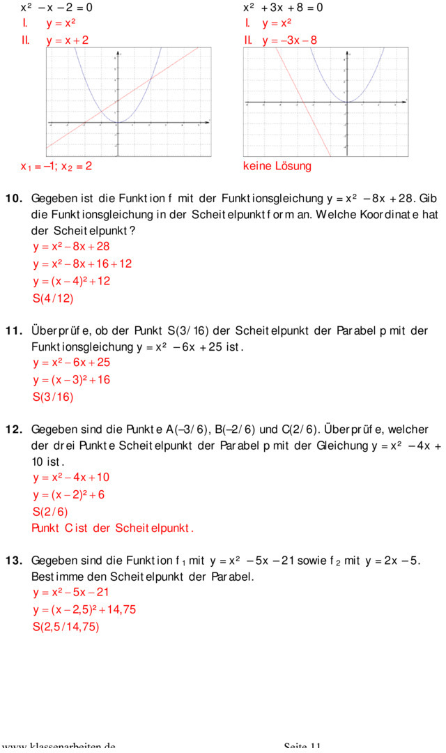 Quadratische Funktionen Aufgaben Mit Lösungen Klasse 10 Pdf Übungsblatt zu Quadratische Funktionen [10. Klasse]