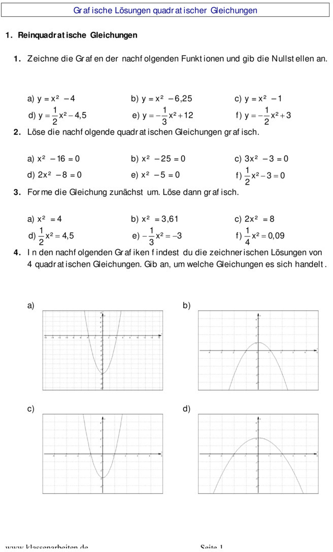 Übungsblatt zu Quadratische Gleichungen [10. Klasse]