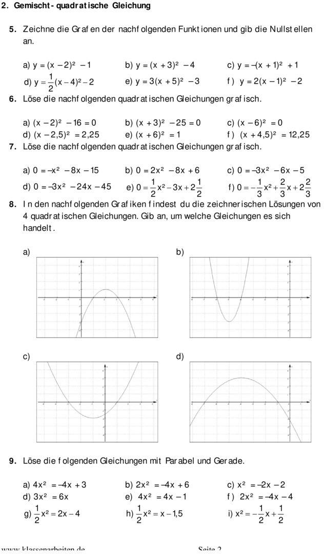 Mathe 10 Klasse Gymnasium Aufgaben Mit Lösungen Pdf Übungsblatt zu Quadratische Gleichungen [10. Klasse]