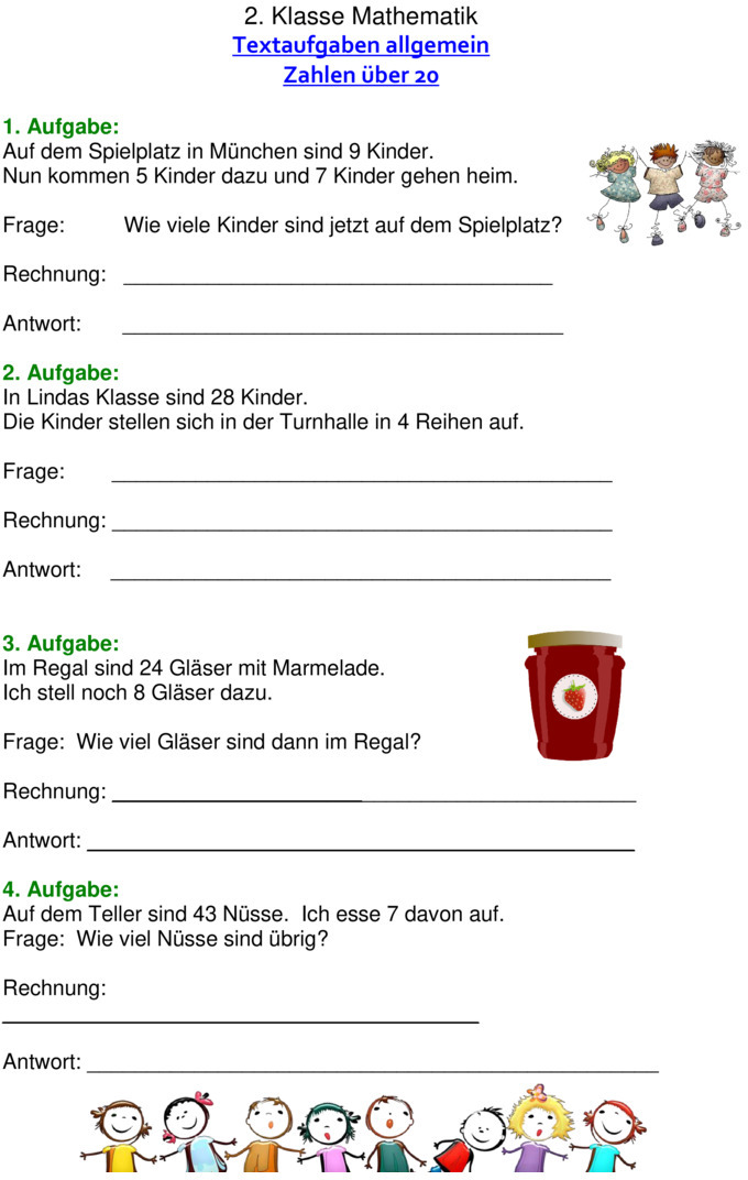 Übungsblatt zu Textaufgaben [Mathe 2. Klasse]