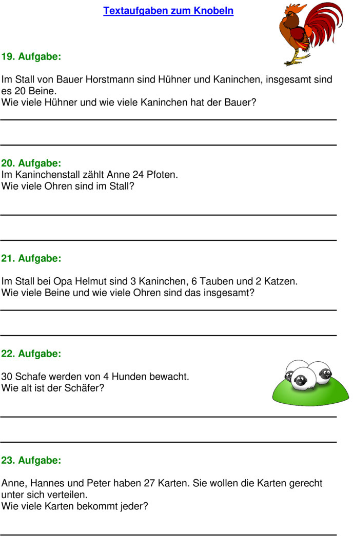 Übungsblatt zu Textaufgaben [Mathe 2. Klasse]