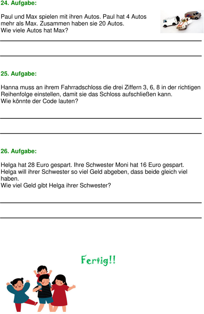 Übungsblatt zu Textaufgaben [Mathe 2. Klasse]