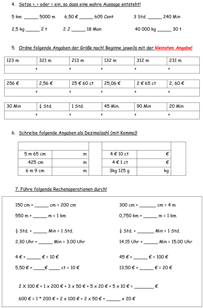 Klassenarbeit zu Größen und Maßeinheiten