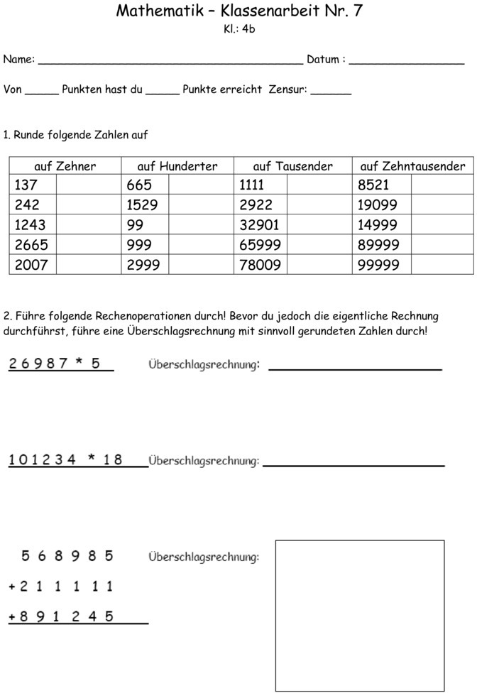 probeschularbeit mathematik 4 klasse gymnasium