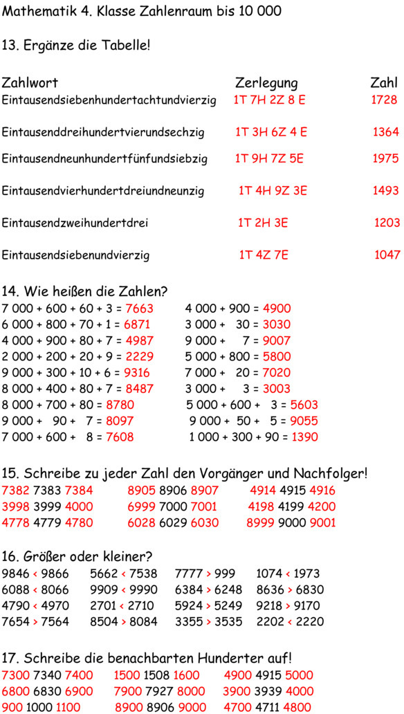 Übungsblatt zu Zahlenraum bis 10000