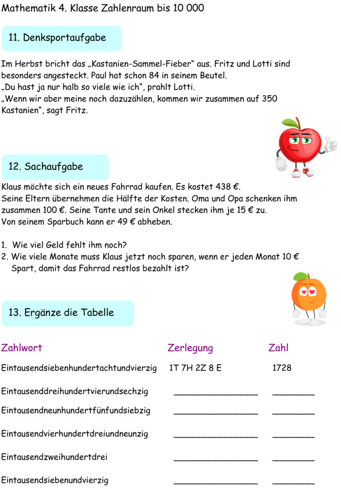 Übungsblatt zu Zahlenraum bis 10000