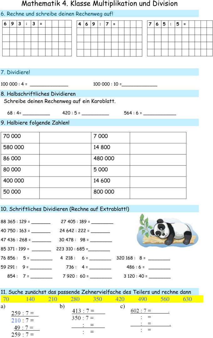 Übungsblatt zu Schriftliche Multiplikation und Division