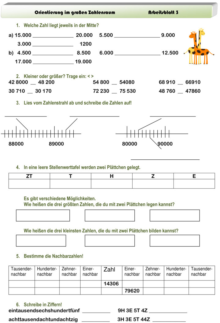 Übungsblatt zu Zahlenraum bis 1000000
