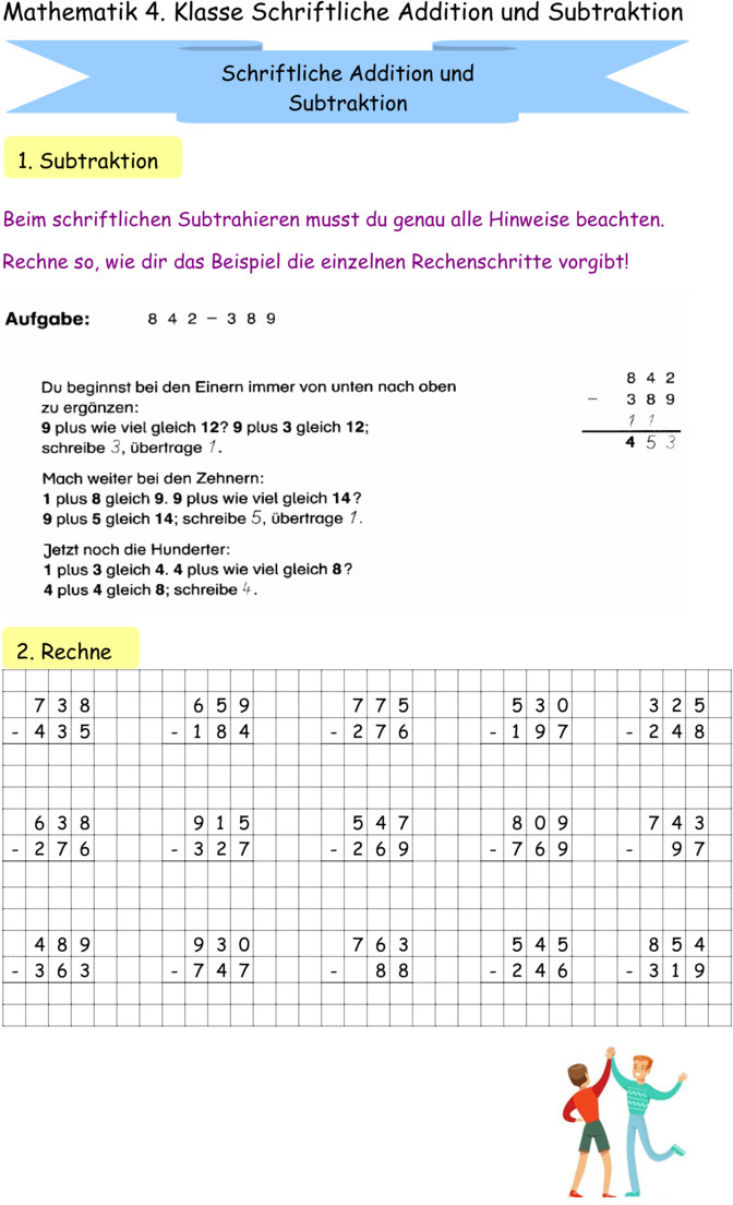 Übungsblatt zu Schriftliche Addition und Subtraktion