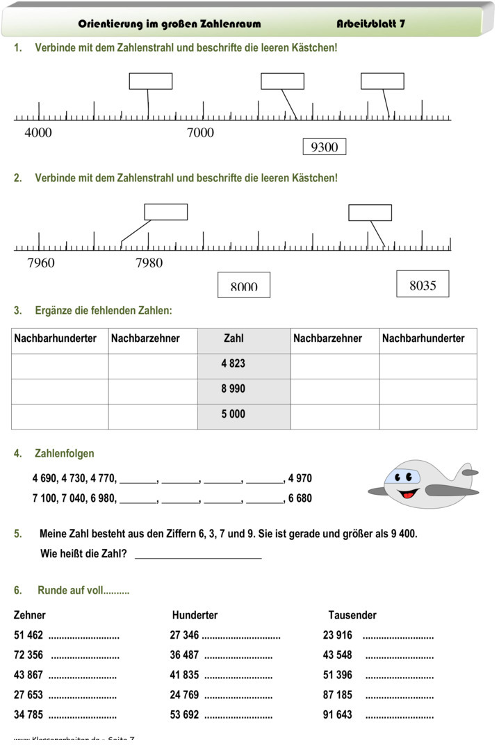 Übungsblatt zu Zahlenraum bis 1000000