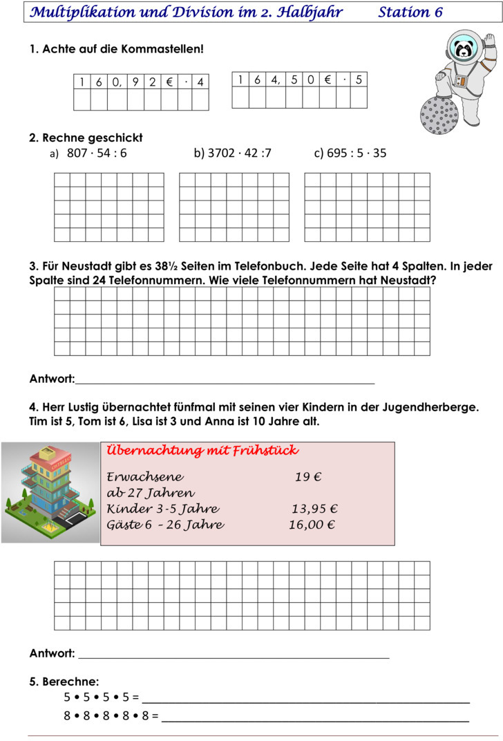 Übungsblatt zu Schriftliche Multiplikation und Division