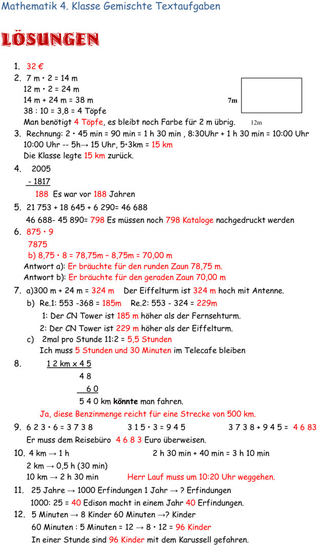Übungsblatt zu Textaufgaben