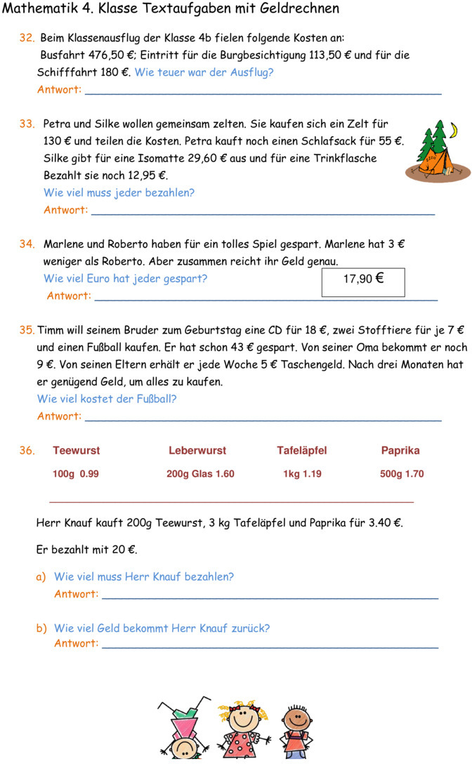 Übungsblatt zu Textaufgaben