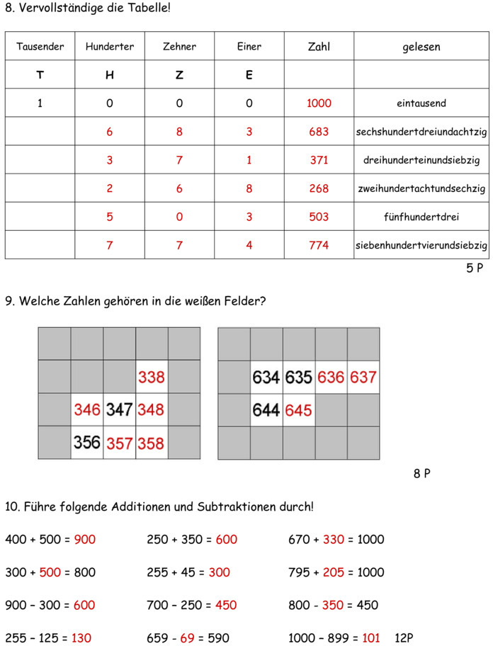 Klassenarbeit zu Zahlenraum bis 1000