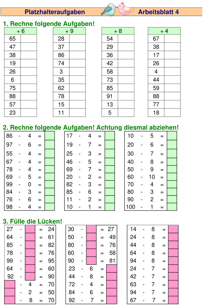 Übungsblatt zu Rechnen bis 100