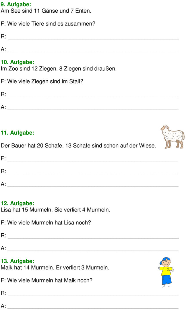 Übungsblatt zu Textaufgaben [Mathe 2. Klasse]