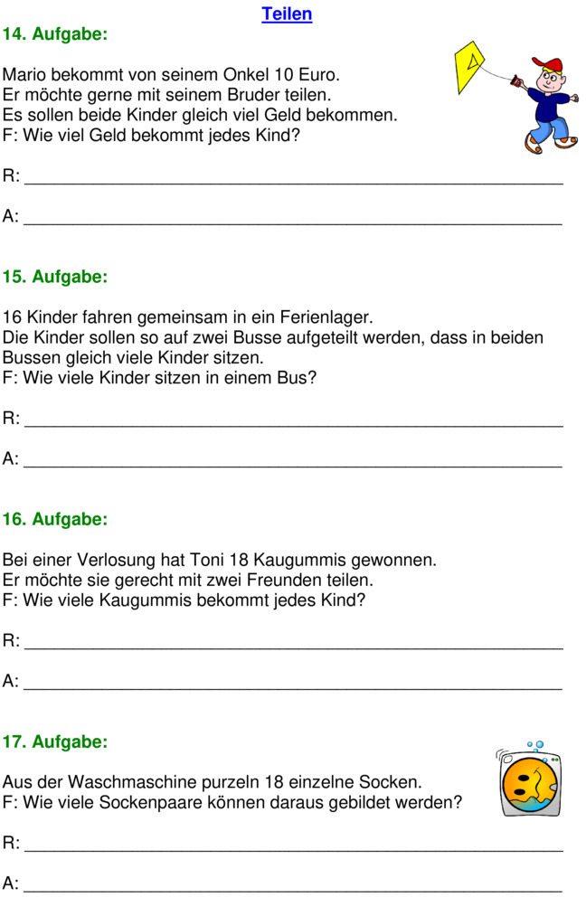 Übungsblatt zu Textaufgaben Mathe 2. Klasse
