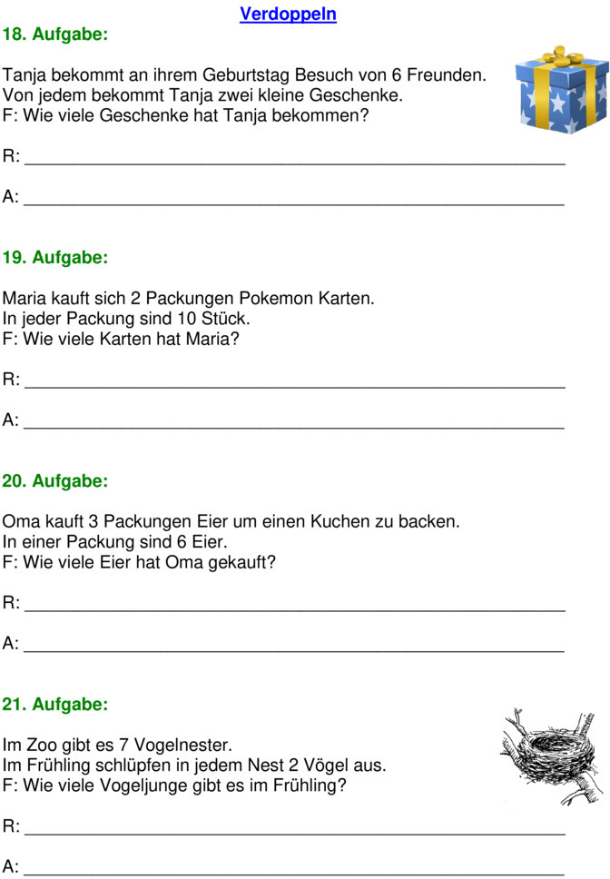 Übungsblatt zu Textaufgaben [Mathe 2. Klasse]