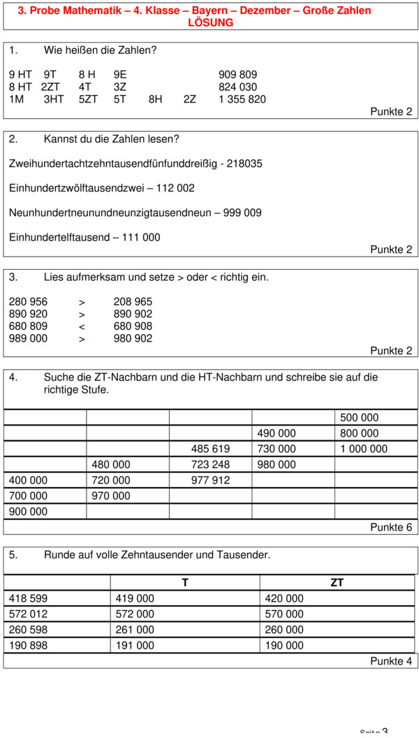 Klassenarbeit zu Zahlenraum bis 1000000