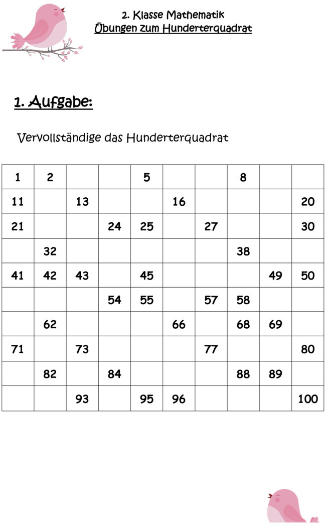 Übungsblatt zu Zahlenraum bis 100
