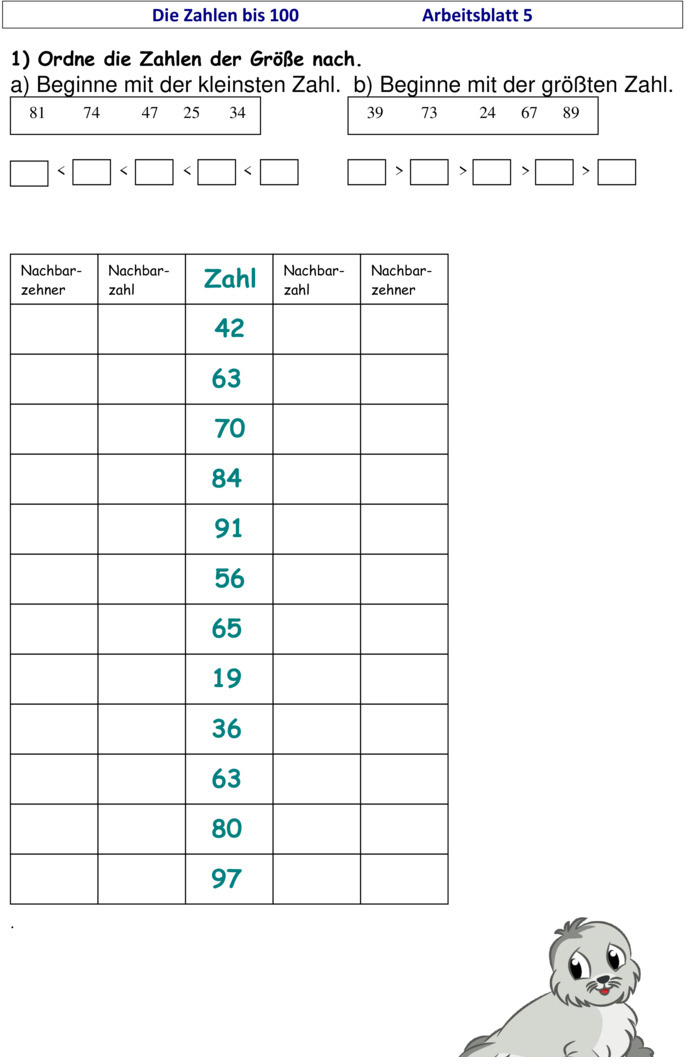 Übungsblatt zu Zahlenraum bis 100