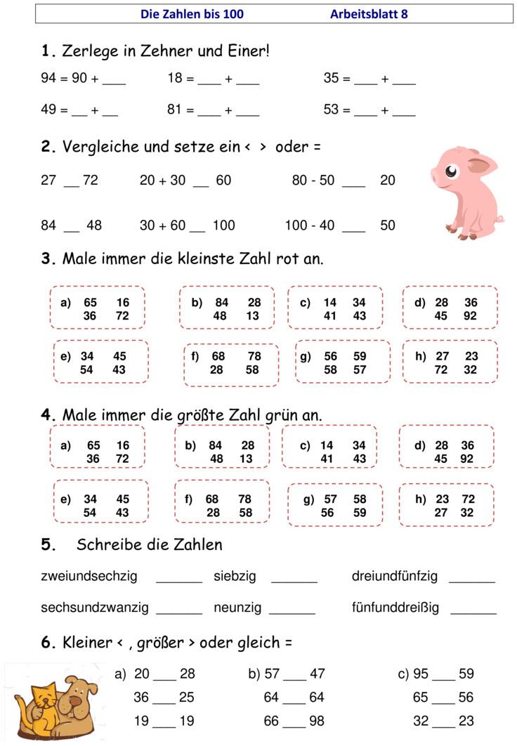 Übungsblatt zu Zahlenraum bis 100