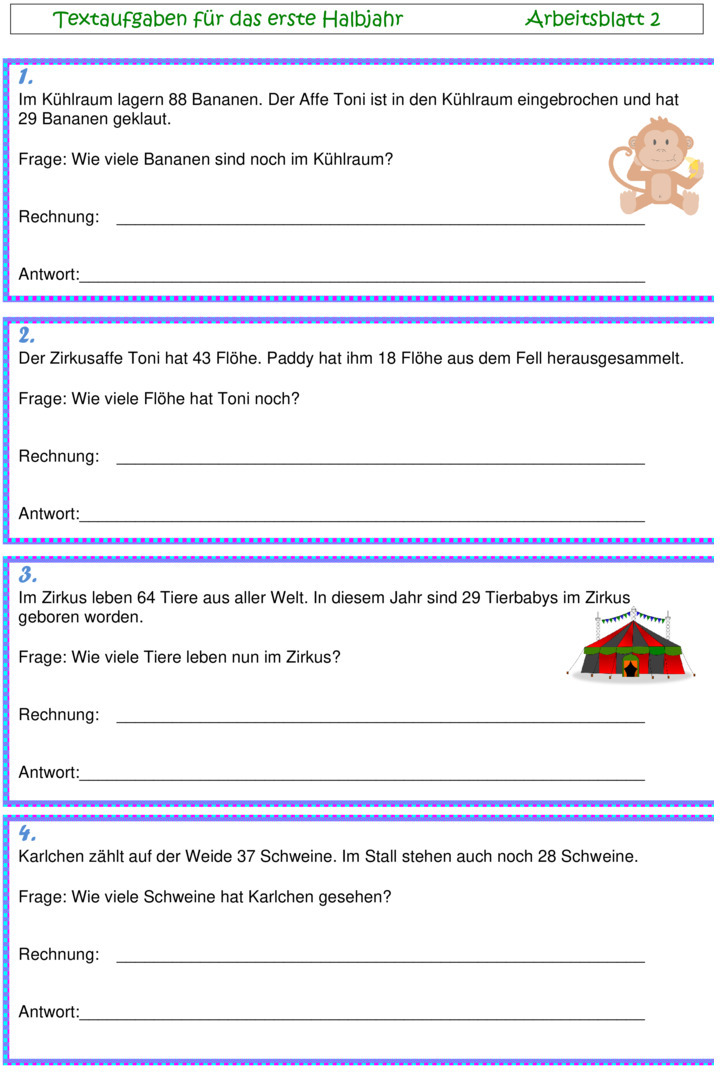 Übungsblatt zu Textaufgaben [Mathe 2. Klasse]